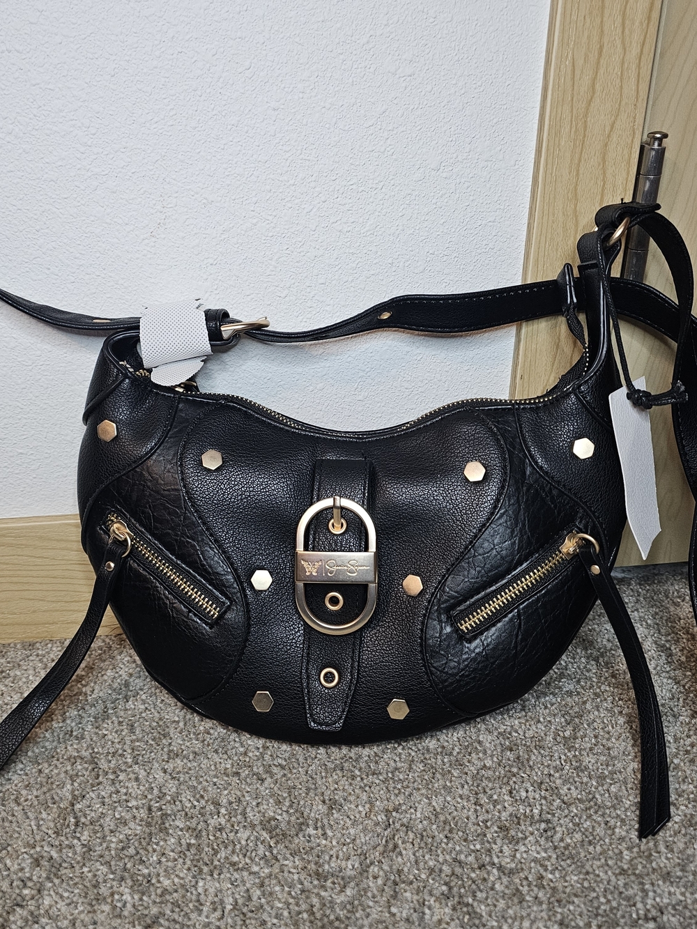 Jessica Simpson Black Crescent Shoulder Bag with Gold Hardware